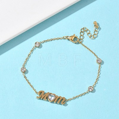Mother's Day 304 Stainless Steel Cubic Zirconia Word Mom Link Bracelets BJEW-L721-02G-1