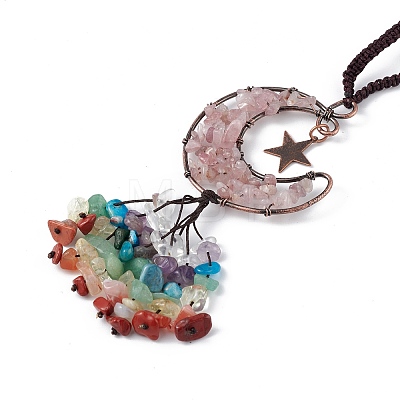 Natural Rose Quartz Moon with Mixed Gemstone Chips Tassel Pendant Decorations G-L524-07R-A02-1