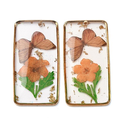 Brass & Transparent Epoxy Resin & Dried Flower Pendants RESI-G133-01G-1