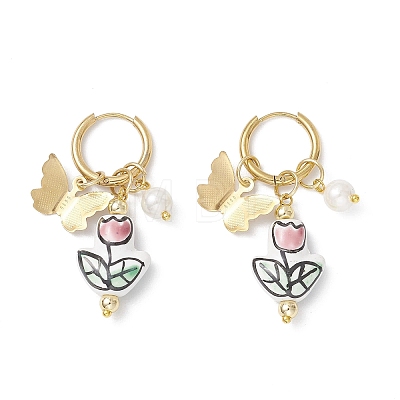 Flower with Butterfly 304 Stainless Steel Hoop Earrings EJEW-JE06749-02-1