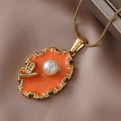 304 Stainless Steel Enamel Oval with Flower Pendant Necklaces with Imitation Pearl UX2387-1
