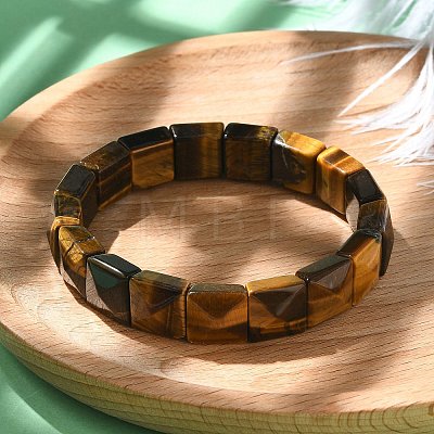Square Natural Tiger Eye Beads Stretch Bracelets for Women Men BJEW-C097-06Q-1