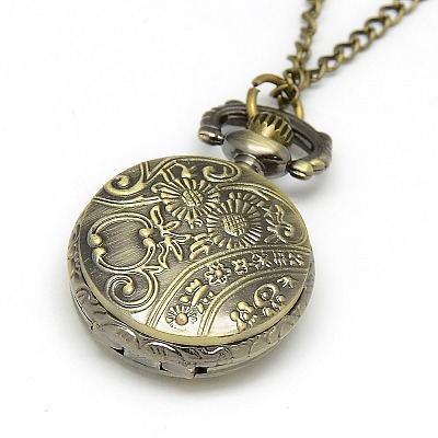 Alloy Flat Round with Number Pendant Necklace Quartz Pocket Watch WACH-N011-28-1