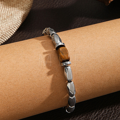 Synthetic Non-magnetic Hematite & Natural Tiger Eye Beaded Stretch Bracelets for Men WG47D8F-01-1