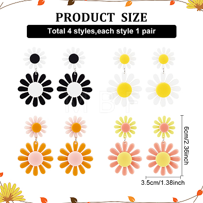 4 Pairs 4 Colors Acrylic Sunflower Dangle Stud Earrings EJEW-AN0002-99-1