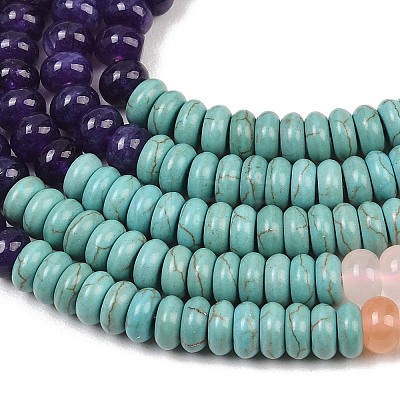 Natural Quartz & Dyed White Jade & Rose Quartz & Yellow Aventurine & Synthetic Turquois Beads Strands G-Z135-C07-1