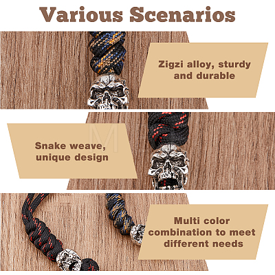 2Pcs 2 Colors Braided Polyester EDC Knife Parachute Lanyard Alloy Skull Bead Pendant Decoration for Men HJEW-HY0001-07-1