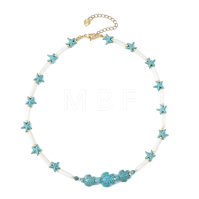 Summer Beach Dyed Synthetic Turquoise Starfish Turtle & Natural Shell Column Graduated Beaded Necklaces with Natural Apatite Faceted Round Beads NJEW-JN06601-02-1