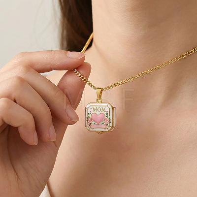 Mother's Day Brass Enamel Pink Heart Mom Openable Square Locket Pendant Necklaces for Women WGB75E5-01-1