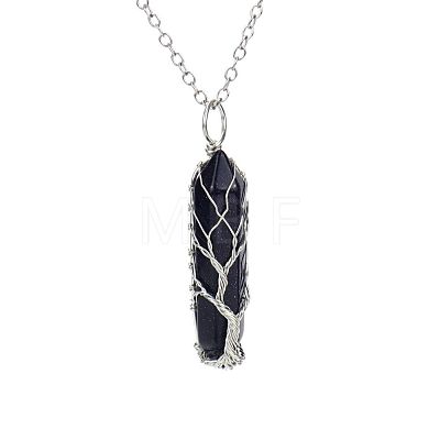 Natural Kyanite Double Terminal Pointed Faceted Bullet Copper Wire Wrapped Tree of Life Pendant Alloy Chain Necklaces FS-WG07FDC-03-1