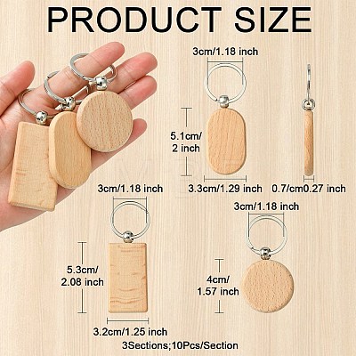 30Pcs 3 Style Rectangle/Flat Round Wooden Blank Engravable Tags Keychain KEYC-YW0001-08-1