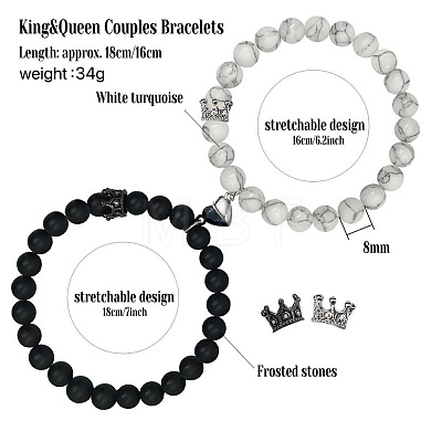 2Pcs Matching Natural Black Matte Stone & Synthetic HowliteRound Beads Stretch Bracelets PT6851-3-1
