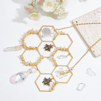 Brass Honeycomb & Yellow Quartz Chip Pendant Decorations HJEW-WH0069-33-1