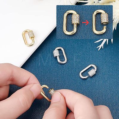 SUPERFINDINGS 4Pcs 2 Style Brass Micro Pave Clear Cubic Zirconia Screw Carabiner Lock Charms ZIRC-FH0001-19-1