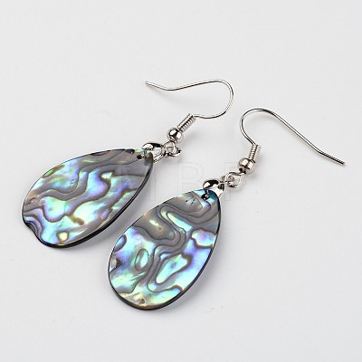 Teardrop Waxed Cord Natural Paua Shell Pendant Necklaces and Earrings Jewelry Sets SJEW-M088-02-1
