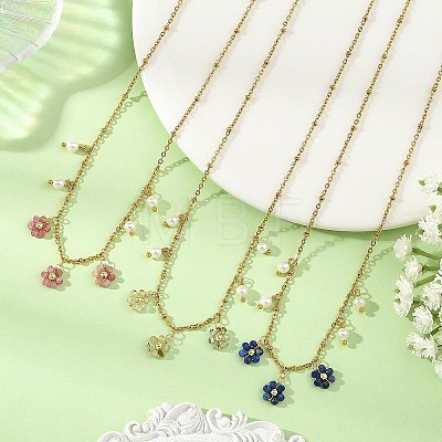 Natural Mixed Stone Faceted Round Beaded Flower Pendant 304 Stainless Steel Satellite Chain Necklaces NJEW-JN06500-1