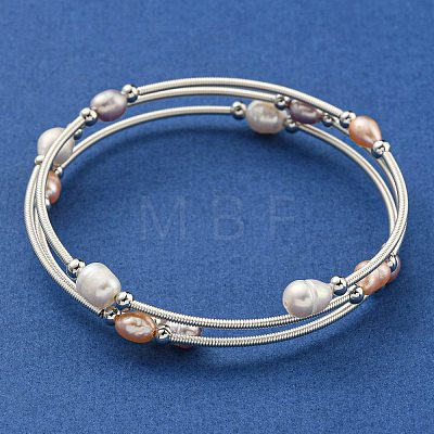 Four-Loops Brass & Natural Freshwater Pearl Beaded Wrap Bracelets for Women BJEW-F470-02S-1