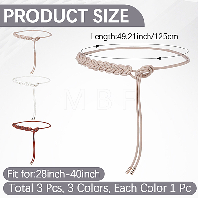 3Pcs 3 Colors PU Leather Rope Knot Tie Waist Belly Belts for Women AJEW-CL0003-71A-1