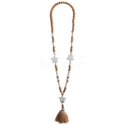 Bohemian White Resin Imitation Turquoise & Wood Beaded Mala Necklaces with Jute Cord Tassel FS-WG73E7D-01-1