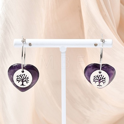 Natural Amethyst & 304 Stainless Steel Hoop Earrings for Women EJEW-G475-05P-06-1