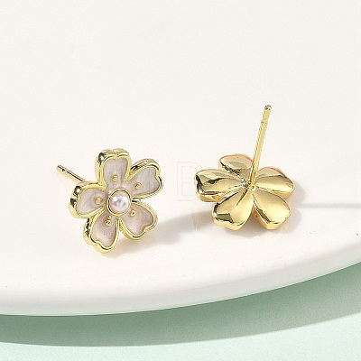 Flower Brass & ABS Plastic Pearl Stud Earrings EJEW-P336-07G-1