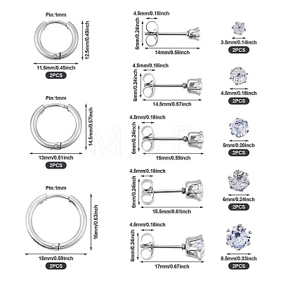 16Pcs 8 Style Clear Cubic Zirconia Stud Earrings & Titanium Steel Huggie Hoop Earrings DIY-TA0004-54-1