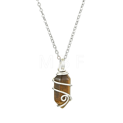 Natural Mixed Gemstone Pointed Faceted Bullet Copper Wire Wrapped Pendant Necklaces NJEW-JN05025-02-1