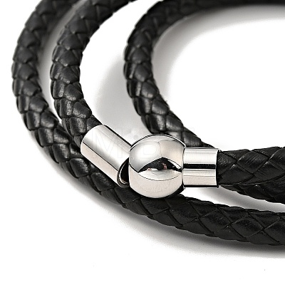 Leather Braided Three Loops Wrap Bracelet with 304 Stainless Steel Clasp for Men Women BJEW-C021-18-P-1