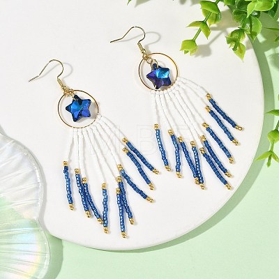 Star Glass Seed Beaded Dangle Tassel Earrings EJEW-MZ00777-1
