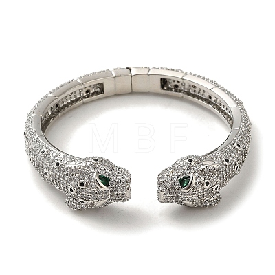 Brass Pave Clear & Green Cubic Zirconia Leopard Open Cuff Bangle for Women BJEW-K246-20F-P-1