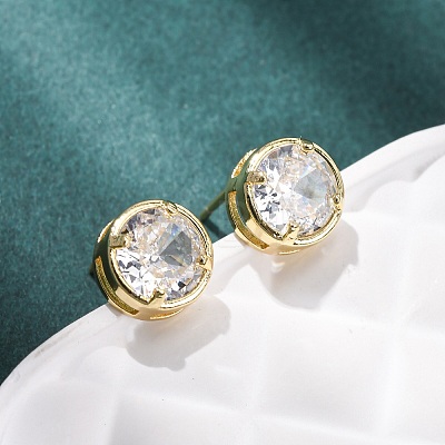 Brass Micro Pave Clear Cubic Zirconia Stud Earrings EJEW-C174-02H-G-1