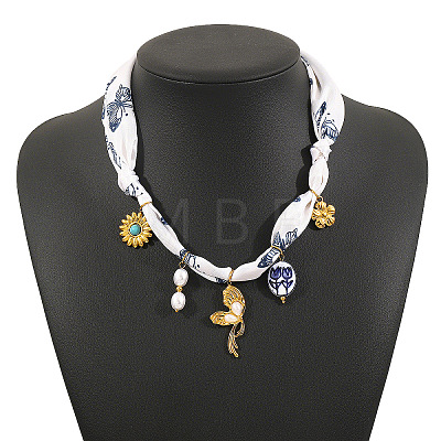 304 Stainless Steel Enamel Pendant Printed Cloth Scarf Necklaces for Women FS-WGDE682-02-1