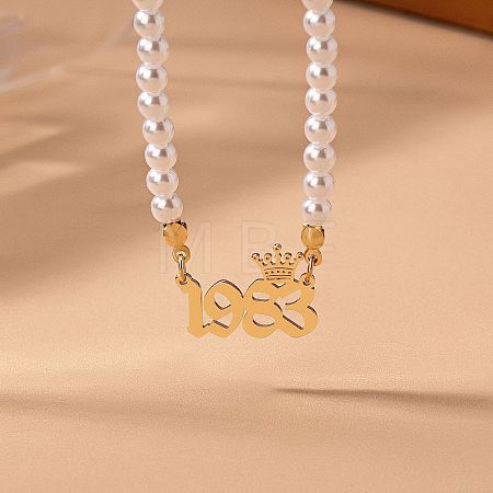 Alloy Crown Birth Year Pendant Imitation Pearl Round White Beaded Necklaces for Women FS-WG173C9-23-1