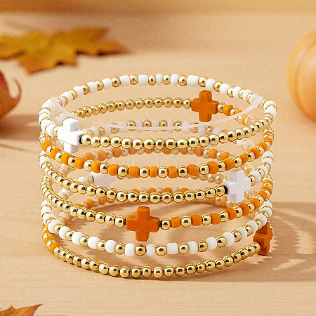 6Pcs Brass Round Beads Stretch Bracelets TI2646-2-1