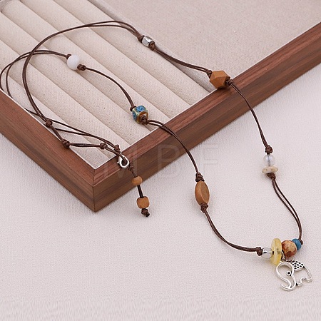 Boho Alloy Elephant Pendant Adjustable Waxed Cord Necklaces WGBAB51-01-1