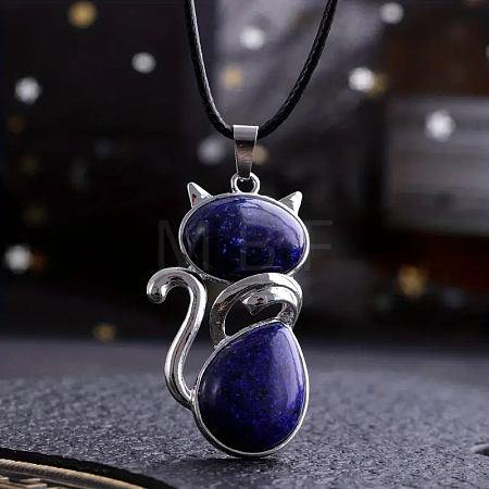 Alloy Pave Natural Lapis Lazuli Cat Shaped Pendant Necklaces FS-WG6CBFA-03-1