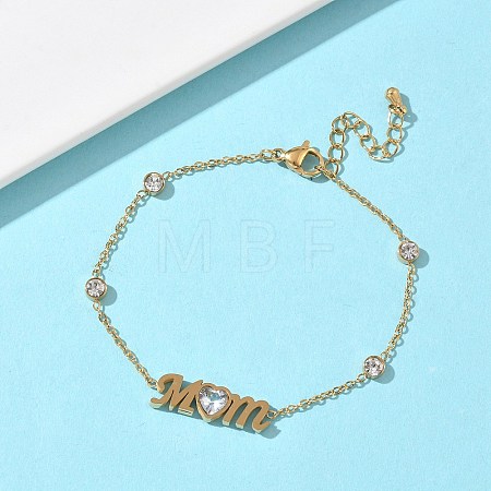 Mother's Day 304 Stainless Steel Cubic Zirconia Word Mom  Link Bracelets BJEW-L721-02G-1