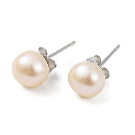 Natural Pearl Round Bead Stud Earrings EJEW-E298-01C-02P-1