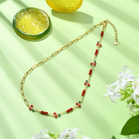 Brass Enamel Red Cherry Link and 304 Stainless Steel Paperclip Chain Necklaces for Women NJEW-JN06162-1