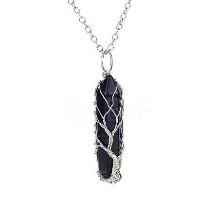 Natural Kyanite Double Terminal Pointed Faceted Bullet Copper Wire Wrapped Tree of Life Pendant Alloy Chain Necklaces FS-WG07FDC-03-1