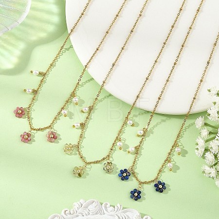 Natural Mixed Stone Faceted Round Beaded Flower Pendant 304 Stainless Steel Satellite Chain Necklaces NJEW-JN06500-1