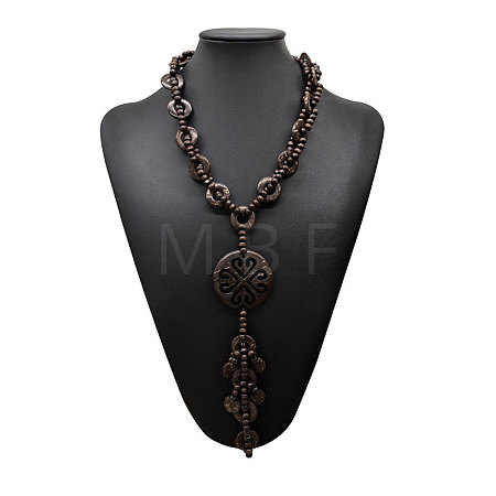 Boho Coconut & Wood Handmade Ethnic Disc Pendant Long Tassel Beaded Necklaces for Beach Vacation WG5E79D-01-1