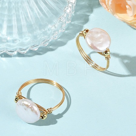 Natural Keshi Pearl Copper Wire Finger Rings RJEW-JR01076-1