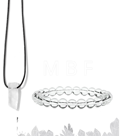 Natural Quartz Crystal Beads Stretch Bracelets & Pendant Necklaces Sets for Men PW-WGF85DB-06-1