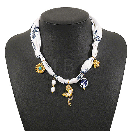304 Stainless Steel Enamel Pendant Printed Cloth Scarf Necklaces for Women FS-WGDE682-02-1