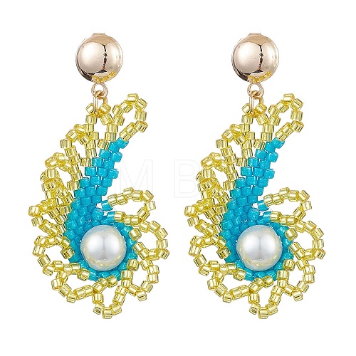 Glass Seed Bead & Glass Pearl Bead Conch Dangle Stud Earrings for Women EJEW-MZ00269-01-1