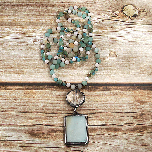 Rectangle & Flat Round Bohemian Style Natural Amazonite with Glass Pendant Necklaces FS-WGEA5B3-03-1