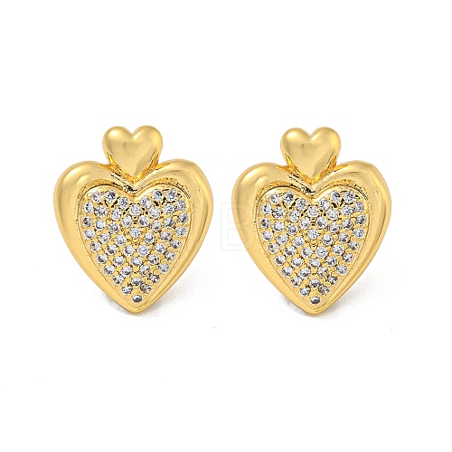 Heart Brass Pave Clear Cubic Zirconia Stud Earrings for Women EJEW-N054-39G-1