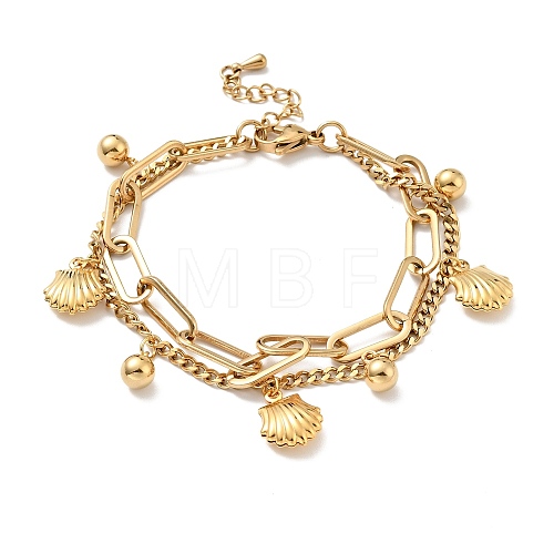 Shell Shape and Round Ball Charm Multi-strand Bracelet BJEW-G639-20G-1