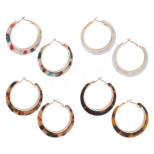 ANATTASOUL 4 Pairs 4 Colors Cellulose Acetate(Resin) Hoop Earrings with Alloy Pins EJEW-AN0004-51-1